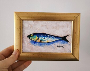 Sardine Original Painting Still Life Oil Painting Kitchen Art Framed 4x6 inches
