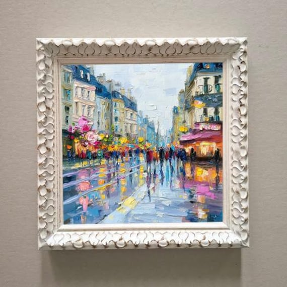 Vibrant Paris Oil Painting Cityscape Art Rainy Evening Street Scene Colorful Framed 8x8