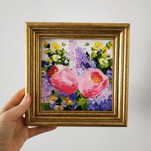 Bouquet de lilas et de tulipes peinture originale empâtement peinture à l'huile art floral art 3D encadré cadeau d'anniversaire 6 x 6