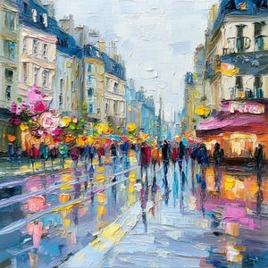 May include: Impressionistic oil painting of a city street scene. Buildings with blue roofs and cream-colored facades line the street. People are walking on the wet pavement, reflecting the lights and colors of the shops and sky. The artwork uses a palette of blues, yellows, pinks, and oranges.