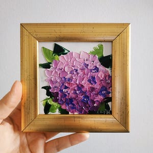 Pintura de hortensias Impasto Pintura al óleo Arte floral Arte de pared pequeño original Enmarcado 4x4 "Regalo Espátula