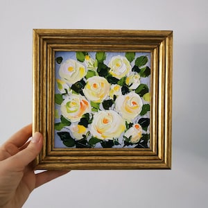 Pintura original de lisianthus con rosas amarillas, arte floral, pintura al óleo empastada, arte 3D enmarcado, 6x6, regalo de cumpleaños