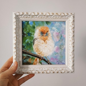 Oiseau peinture oiseaux oeuvre poussin art original empâtement peinture à l'huile 3D art encadré 15 x 15 cm