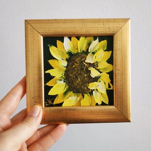 Tournesol peinture empâtement peinture à l'huile art original fleurs oeuvre cadeau d'anniversaire encadré art 3D 4 x 4