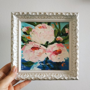 Pink Peonies Original Painting Flowers Artwork Impasto Oil Painting 3D Art Framed 6x6 Gift