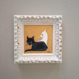 Pintura de gato en blanco y negro, arte original, arte pequeño enmarcado, 4 x 4 pulgadas