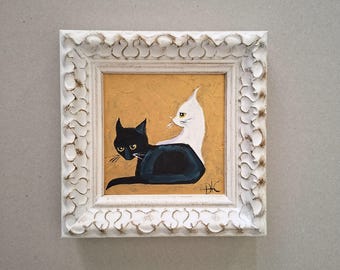 Black and White Cat Painting Original Art Small Art Framed 4x4 inches