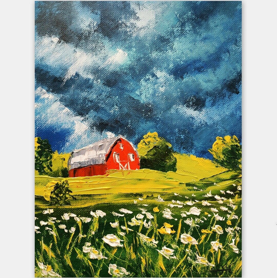 Red Barn Painting American Farm Landscape Wall Art Small Art Impasto Painting 3D Art 9 by 7