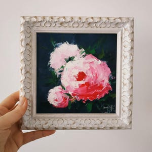 Peinture originale pivoines pivoine rose art mural empâtement peinture à l'huile art floral art 3D encadré cadeau d'anniversaire 6 x 6