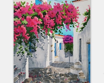 Arte mediterráneo Paisaje urbano Arte Acuarela Impresión grande del trabajo original Regalo del Día de la Madre