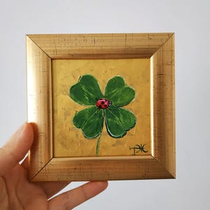 Peinture trèfle art coccinelle empâtement peinture à l'huile oeuvre d'art originale trèfle à quatre feuilles cadeau art 3D encadré couteau à palette 4 x 4