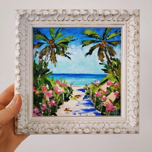 Tropical Beach Hawaii peinture Art paysage empâtement peinture à l'huile 3D originale encadrée 6 x 6 pouces