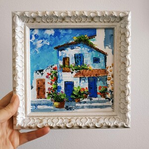 Peinture méditerranéenne vieille ville Italie Art Original peinture à l'huile empâtement 3D Art encadré 6 x 6"