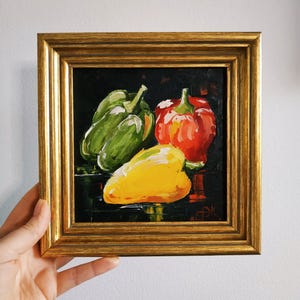 Peinture originale de poivrons, empâtement, art mural, peinture à l'huile, décoration de cuisine, art 3D, encadré 15 x 15 cm
