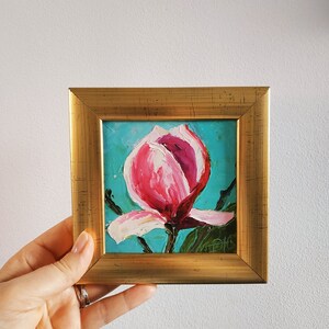 Pintura de magnólia rosa, arte original, flores, arte, impasto, pintura a óleo, arte 3D emoldurada, 4x4 polegadas