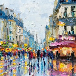 May include: Impressionistic oil painting of a European city street scene. Buildings with blue roofs and cream-colored facades line the street. People are walking on a wet street, reflecting the lights and colors of the buildings.