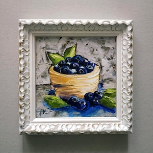 Blueberry Painting Original Fine Art Impasto Oil Painting Kitchen Decor 3D Art Framed 6x6