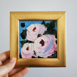 Pintura de peonías rosas, pintura al óleo empastada, arte floral, arte original, pintura 3D enmarcada, regalo de 4x4