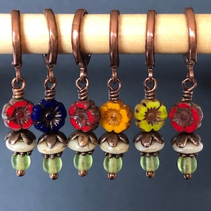 Little Czech Flowers, a set of six removable stitch markers for knitting and crocheting.