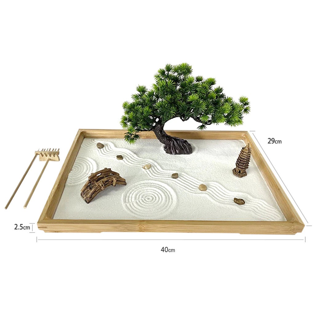 Kit Mini Jardin Zen avec Bonsaï Pour La Méditation - Décoration de Bureau Plateau Sable Blanc et Roc