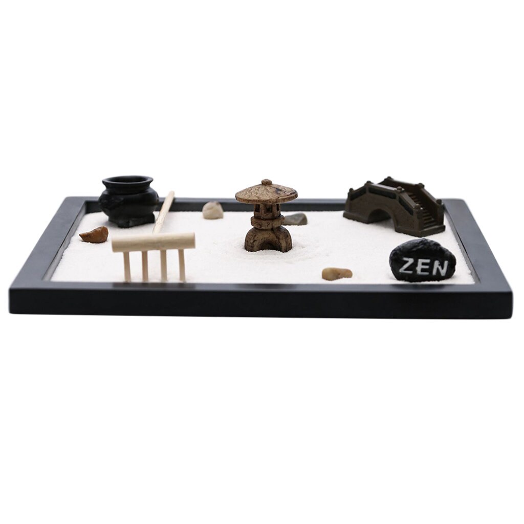 Kit Jardin Zen Pour La Méditation Bureau Mini Plateau avec Sable Blanc Temple Buddha et Pont Râteau