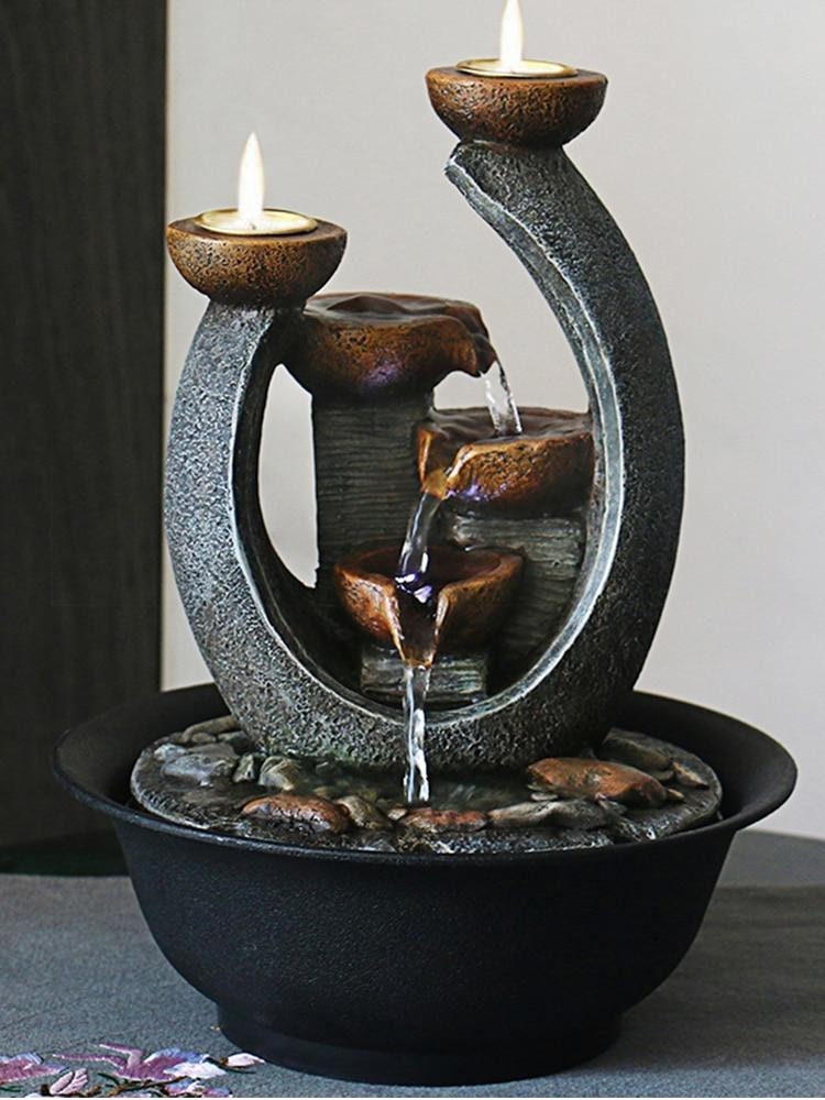 Fontaine Eau Zen en Résine Pour Intérieur Fait à La Main avec Cascade Relaxante Bougeoirs Décoration