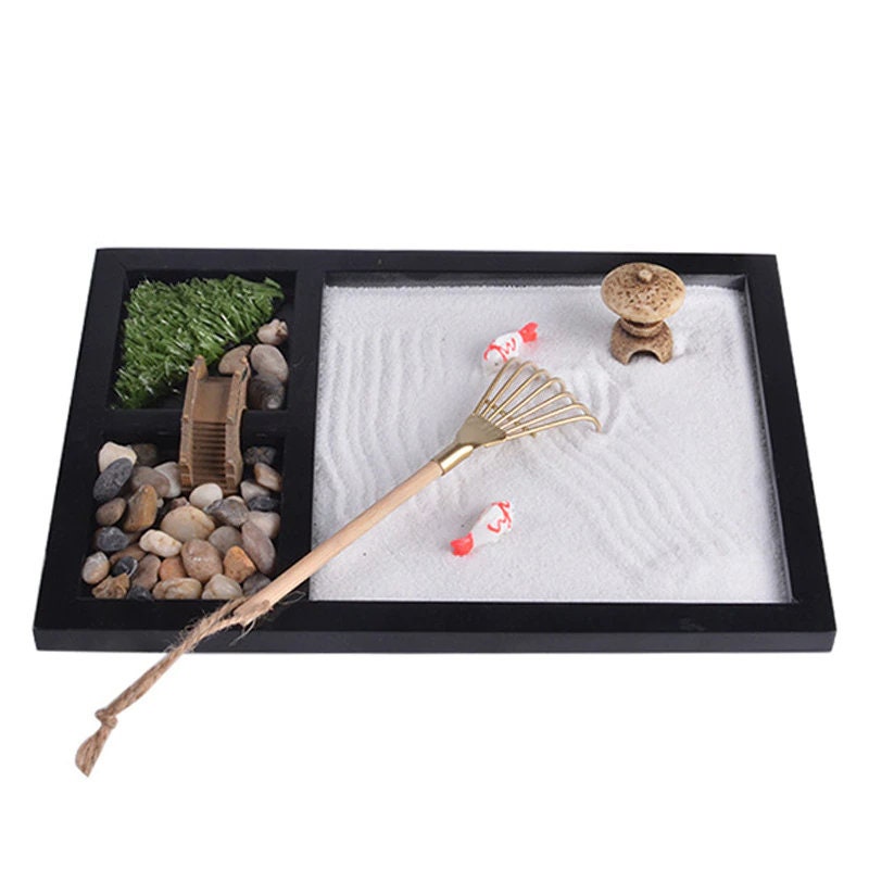 Kit Jardin Zen Pour La Méditation Bureau Mini Plateau avec Sable Blanc - Temple Résine Pont Japonais