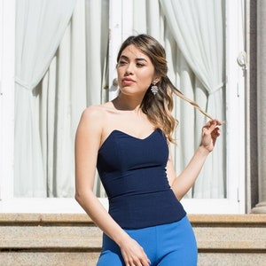 Navy blue wedding corset blouse/ Navy blue corset top/ Blue wedding guest corset/ Elegant blouse with deep neckline/ Stylized crepe blouse
