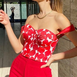 Corset top in scarlet red/ 60s satin bustier top/ Bustier corset with straps/ Elegant printed bustier top/ Ruby red corset