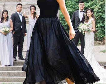 Black polka dot tulle midi skirt, Black plumeti tulle skirt for events, Custom made premium tulle skirt, Black tulle dress with grey lining