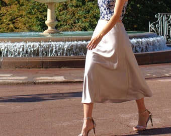 Satin gray silk skirt/ Satin silk A-line skirt/ Silk Sliding Skirt/ High-waisted bias skirt/ Satin midi flared skirt