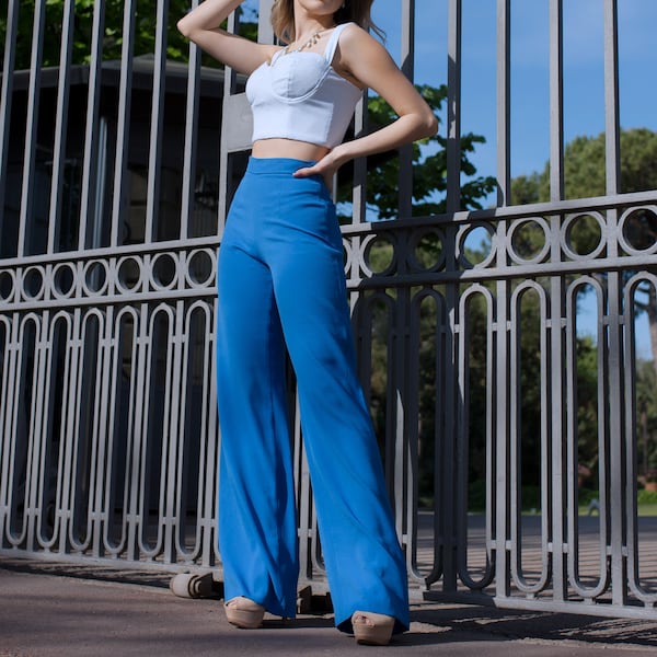 Royal blue dress pants/  Blue palazzo trousers/  High waisted palazzo/ wide anniversaries pants/ Fashionable trousers