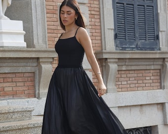 Plumeti black cocktail dress/ Two-piece tulle midi dress/ Corset cocktail skirt in deep black/ Black Gray Cocktail Corset Dress