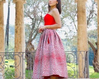 Custom pleated skirt and corset with pockets/ Elegant designer dress in scarlet red for guest/ Two-piece gala look for wedding or party