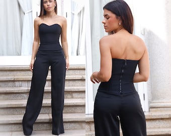 Wedding guest woman suit/ Elegant deep black women's suit/ Elegant two-piece guest set/ Timeless guest suit with sweetheart neckline