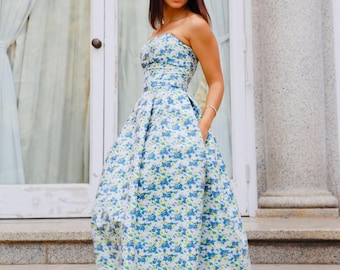 Blue strapless wedding dress/ Floral Wedding Party Dress/ Floral wedding dress in blue/ Strapless wedding invite dress/ Corset Midi Dress