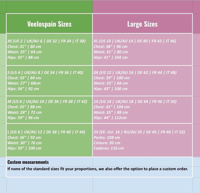 May include: Size chart with measurements in inches and centimeters for clothing sizes, including XS, S, M, L, XL, 0X, 1X, and 2X. The chart includes chest, waist, and hip measurements.