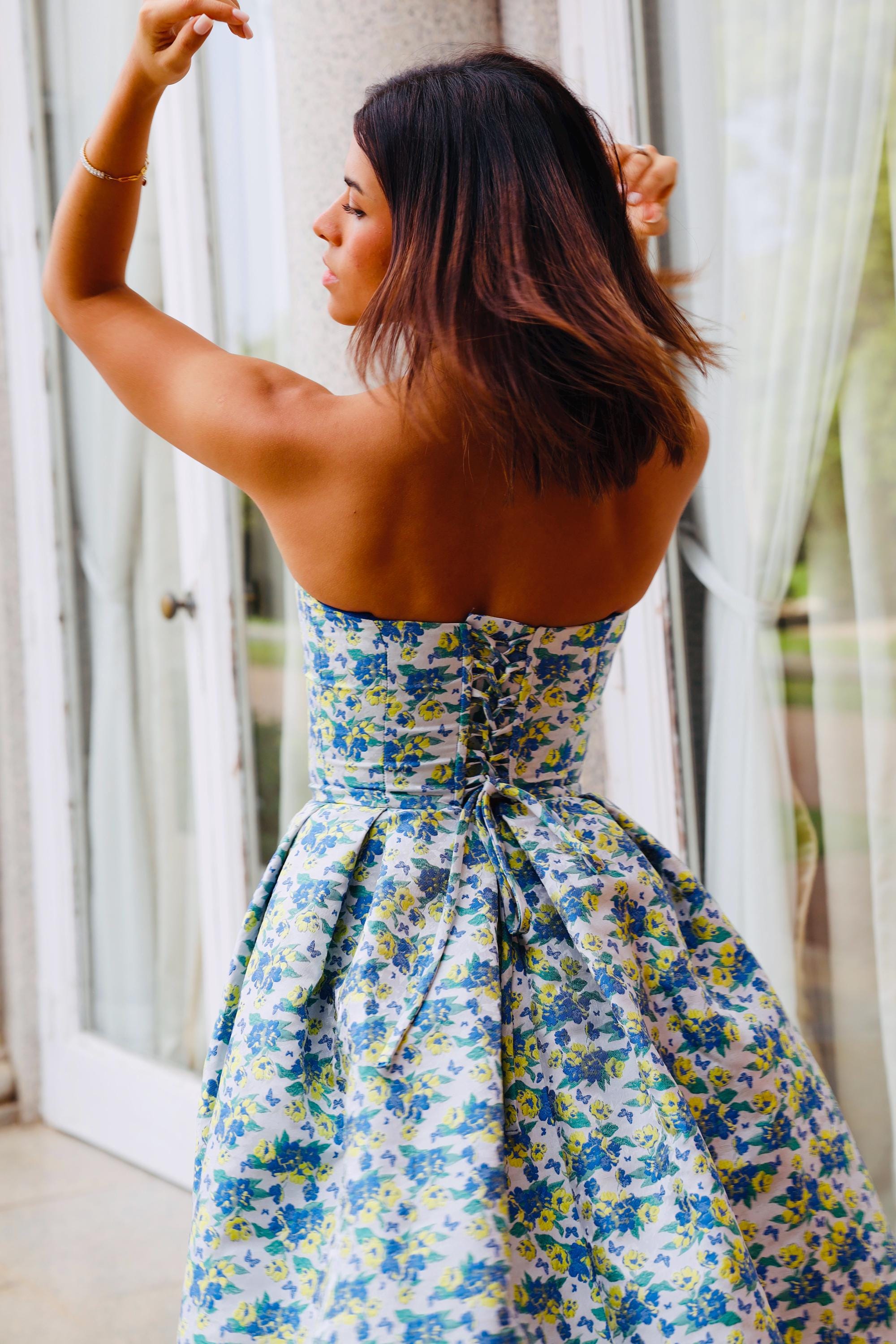 blue engagement party dress S Dusty Blue Flutter Sleeve Tiered Mini Dress  Brunch Dress