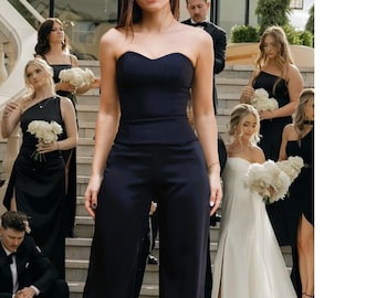 Corset wedding guest suit/ Black corset palazzo pantsuit/ Black elegant pants set/ Elegant evening corset attire/ Modern Cocktail Co-ord