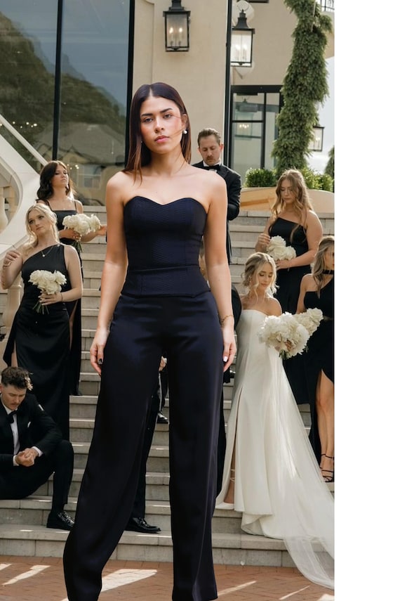 corset with dress pants wedding guest suit/ Black corset palazzo pantsuit/ Black Elegant set/ Elegant evening corset attire/ Modern Cocktail Co-ord Color:Hepburn Buy Katana Fitted Midi Skull Apparel White corset It is best to