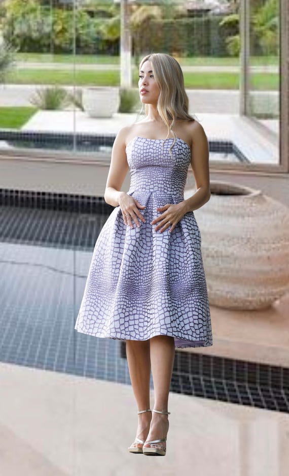 Lilac Civil Wedding Dress, Rehearsal Dinner Dress, Non Traditional Bride Dress, Strapless Brocade Ceremony Dress, Custom-made Dress