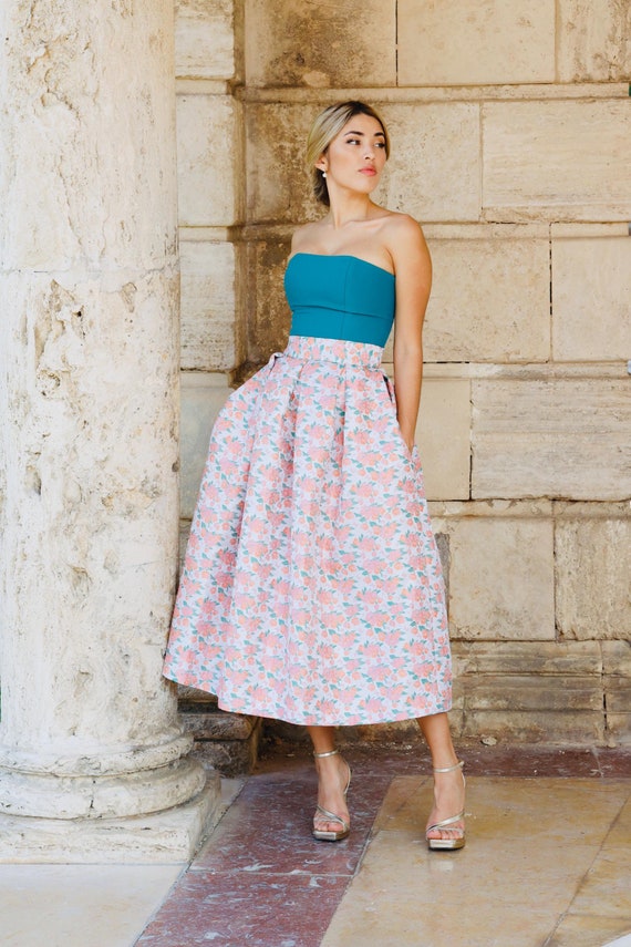 sachin and babi light blue dress Midi Dress in Coral Pink for Wedding Guests/ Romantic Dresses for Wedding  Guests/ Floral Dress With Turquoise Green/ Two Piece Dress