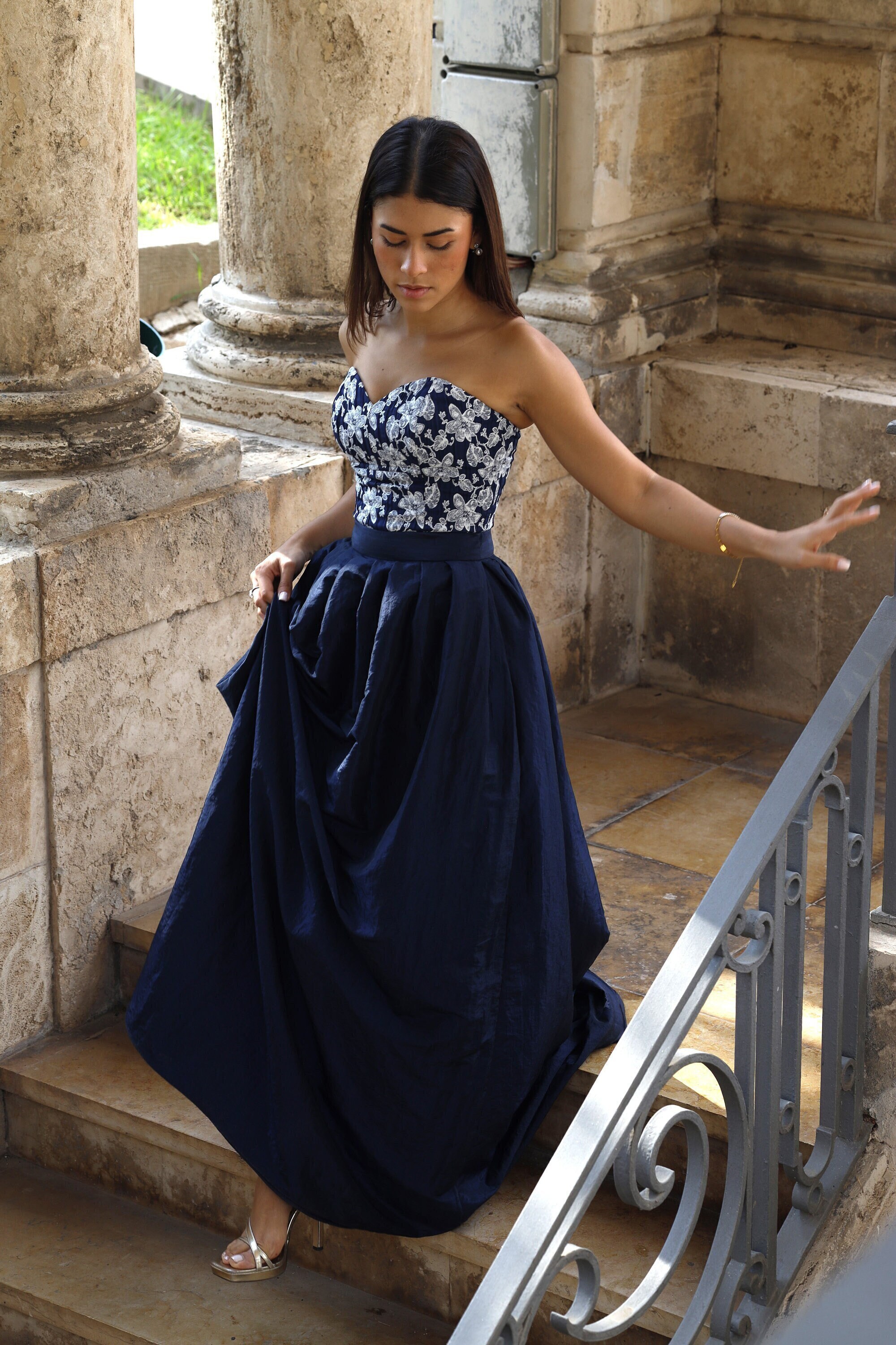 Blue Taffeta Train Skirt/ Maxi skirt with bright blue tail/ Maxi tail wedding skirt with pocket/ Taffeta Pocket Floor Length Skirt