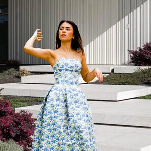 Dusty blue engagement dress,
Strapless corset party gown