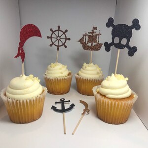 Pirate Cupcake Toppers: Glitter Skull, Anchor, Ship - Set of 12