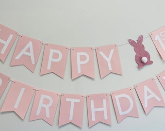 First Birthday Banner, Pink Bunny Birthday Banner, Bunny Themed Birthday, Baby Bunny Decoration, Spring Birthday, Baby Girl Personalization