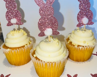 Pink Glitter Bunny 1st Birthday Decor: Garland, Cupcake Toppers, Confetti