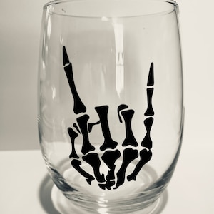Rock and Roll Skeleton Hand Wine Glass - Personalized Stemless Glass