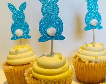 Boy's 1st Birthday Bunny Decorations: Blue Glitter Banner, Cupcake Toppers & Confetti