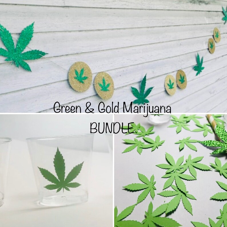 420 Party Bundle, Green Glitter Leaf Garland, Confetti, Shot Glasses image 2